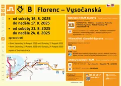 Informační leták o výluce metra linky B Florenc – Vysočanská v srpnu 2025, s mapou a jízdními řády.