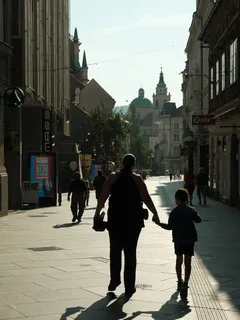 Matka a syn drží ruce při procházce ulicemi Ljubljany v pozdním létě