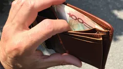 Peněženka s bankovkou 100 Kč v ruce, detailní pohled na české peníze v kožené peněžence.